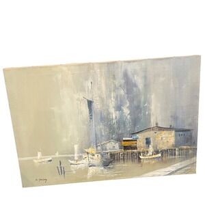 L Thomas Vintage Mid Century Modern, Misty Boat Dock, Oil Painting Canvas Signed